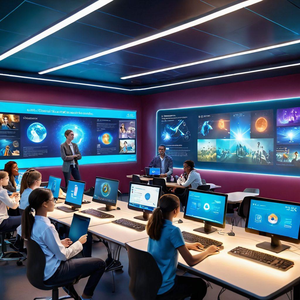 A vibrant, futuristic classroom filled with diverse students engaged with holographic displays and digital learning tools, showcasing the latest technology trends. In the background, a large screen displays evolving educational resources such as e-books and interactive apps. The atmosphere is bright and inviting, emphasizing collaboration and innovation in education. super-realistic. vibrant colors. 3D.