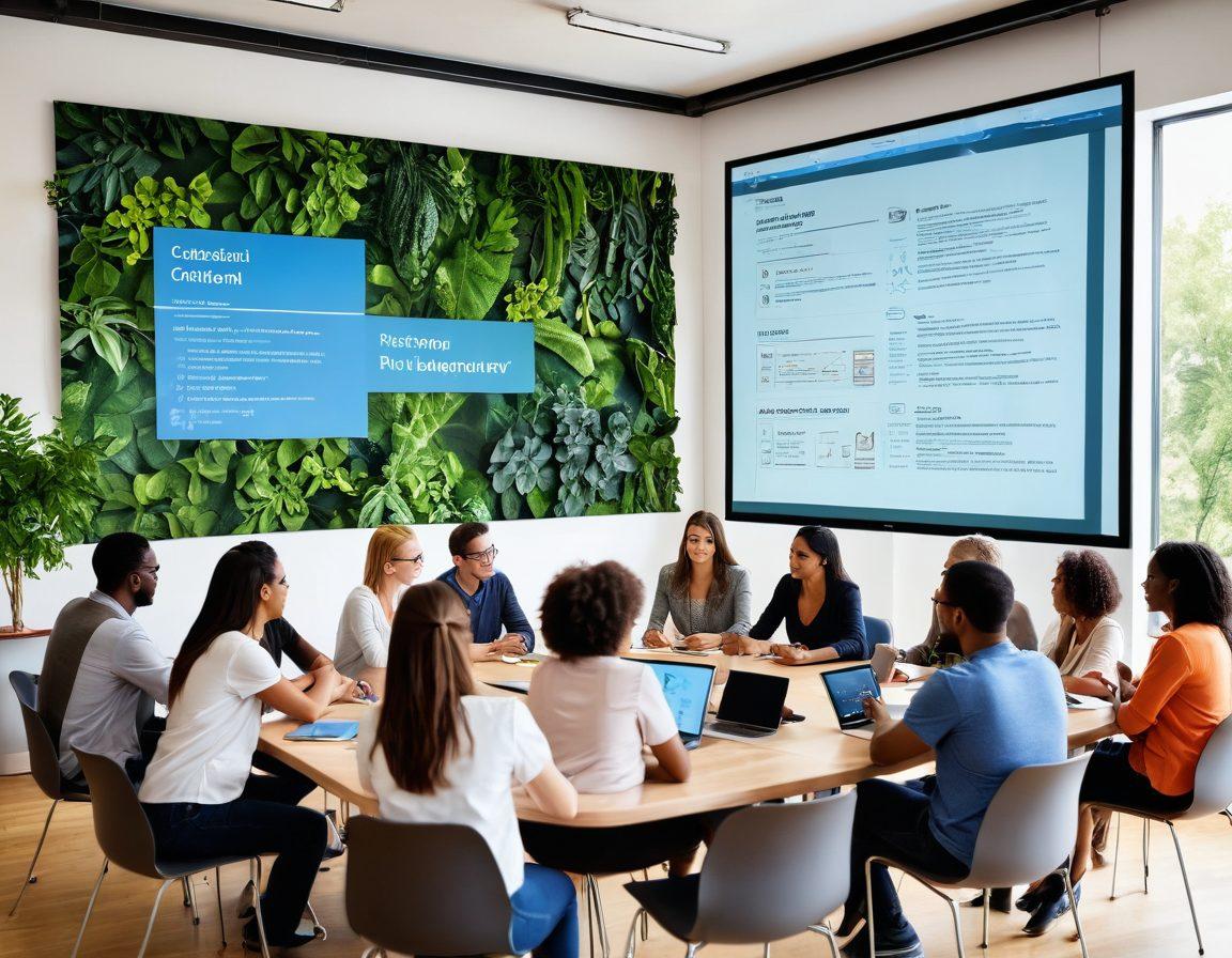 A diverse group of people gathered around a large digital screen, discussing and sharing ideas about e-learning innovations. Include elements like interactive graphs and educational apps on the screen, with a backdrop of a bright, open community space filled with greenery. The individuals should reflect a range of ages and backgrounds, showcasing collaboration and engagement. The overall color scheme should be vibrant and inviting to symbolize growth and knowledge. bright colors. modern design. 3D.
